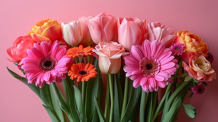 A stunning vase filled with freshly picked tulips and daisies in vibrant pink, orange, and green hues, set against a soft pink background for a harmonious color palette.
