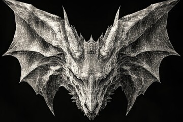 Naklejka premium Monochrome digital art of a dragon's head and wings, intricate wireframe design on black background.