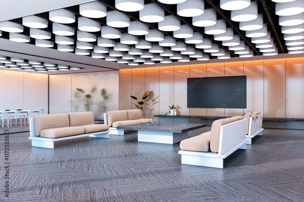 Poster modern spacious office lobby with beige sofas and stylish decor in contemporary design. 3d rendering