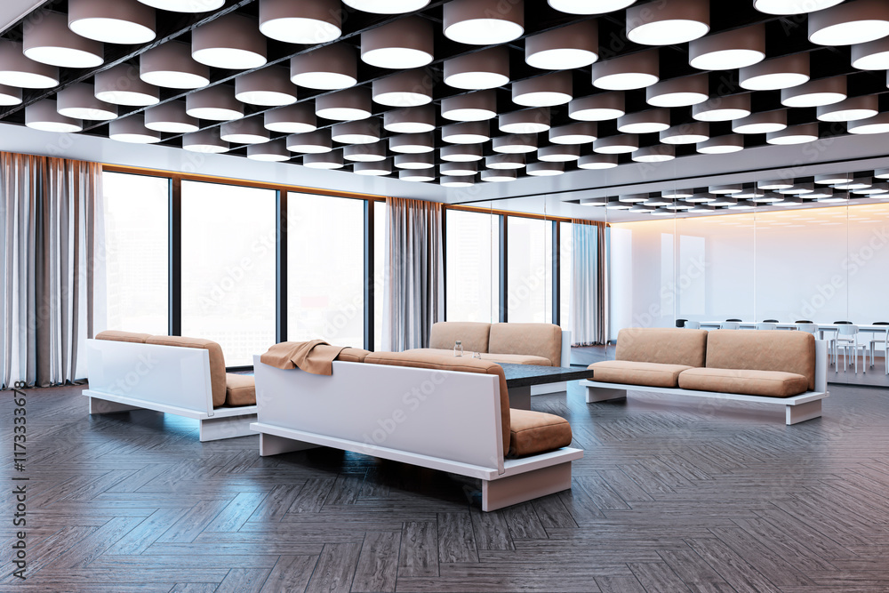 Aufkleber modern waiting area with cozy sofas and large windows in a spacious office interior. contemporary de