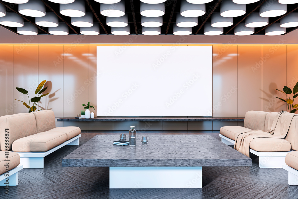 Poster modern office waiting area with large blank display screen and luxury furniture. 3d rendering