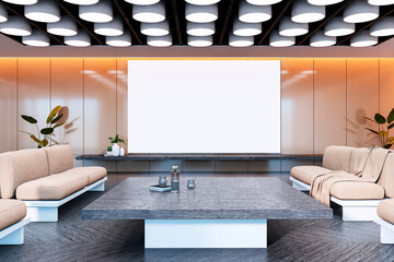 Modern office waiting area with large blank display screen and luxury furniture. 3D Rendering
