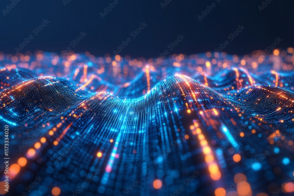 Poster abstract digital wave of glowing particles, futuristic technology background.