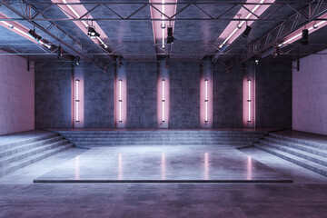 Modern industrial-style hall with concrete walls and neon lights for exhibitions or events. 3D...