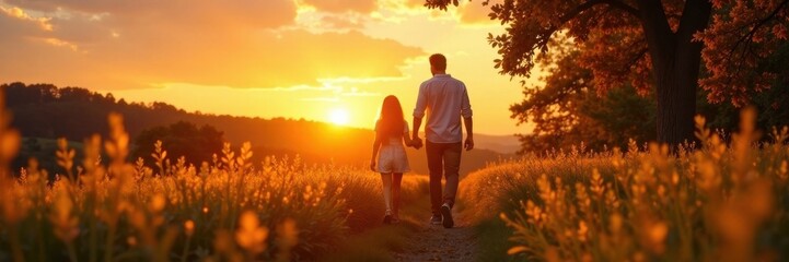 Fototapeta premium Hand-in-hand,family enjoying sunset walk in nature, candid, sunset
