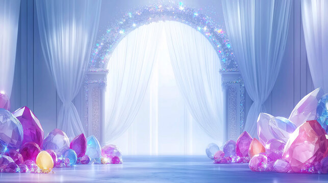Enchanting purple crystal wedding arch with white drapery for luxurious event backdrops and maternity photography