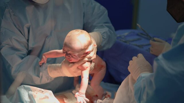A newborn baby is carefully lifted from the mother's belly during a cesarean section operation. A powerful moment capturing the beginning of life, medical precision, and the miracle of childbirth in a