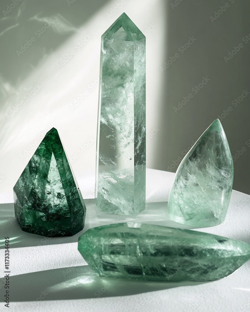 Poster four green fluorite crystals of varying shapes and sizes on a white surface, illuminated by soft sun