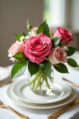 Elegant rose centerpiece, gold cutlery, white plate, place setting, plate, white