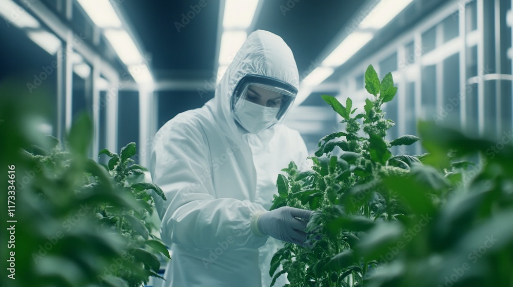 Poster scientist in protective suit examines plants in a controlled environment.