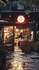 Naklejka premium A cozy restaurant entrance illuminated at night, inviting diners with warm lights and plants.