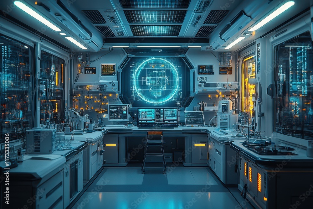 Poster high-tech laboratory interior with advanced technology and glowing interfaces for scientific experim