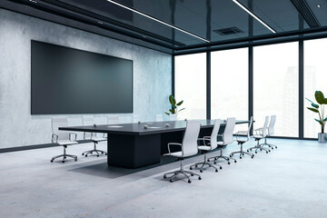 Modern conference room interior with large table, chairs, and glass windows showcasing a city view,...