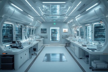 Modern futuristic laboratory with advanced equipment and sleek design for scientific research
