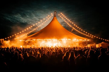 A creative festival setup with kaleidoscope visuals projected on tents and dance floors, creating a surreal atmosphere