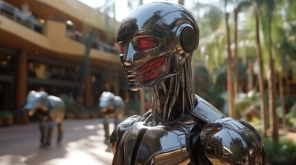Futuristic chrome robot outdoors.