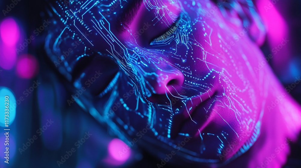 Poster close-up of a person's face with neon circuit patterns overlaid, eyes closed, peaceful expression.