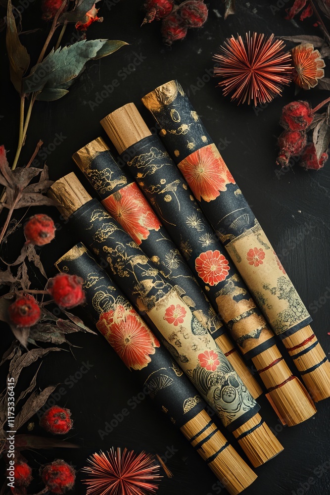 Poster a bunch of sticks with flowers on them. the sticks are arranged in a row and are surrounded by red f