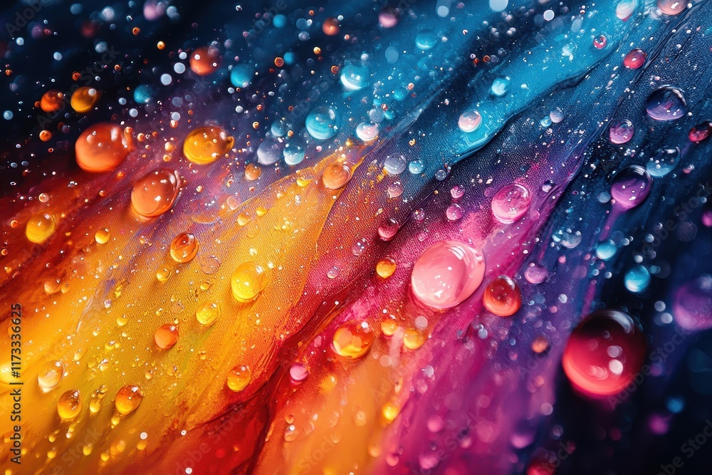 Poster colorful droplets create vibrant patterns on a textured surface reflecting light in a striking displ