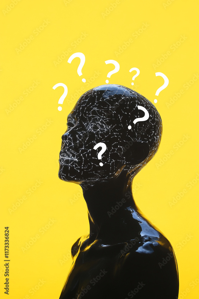 Aufkleber abstract silhouette with question marks on a bright yellow background representing curiosity