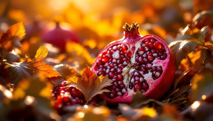 Obraz premium Autumnal Delight: A Pomegranate's Jewel-toned Heart Unveiled Among Golden Leaves