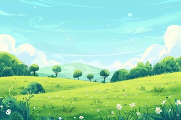 Fototapeta premium Lush Green Meadow with Scattered Flowers Under a Blue Sky