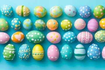 Obraz premium Colorful Easter Eggs on a Light Blue Background