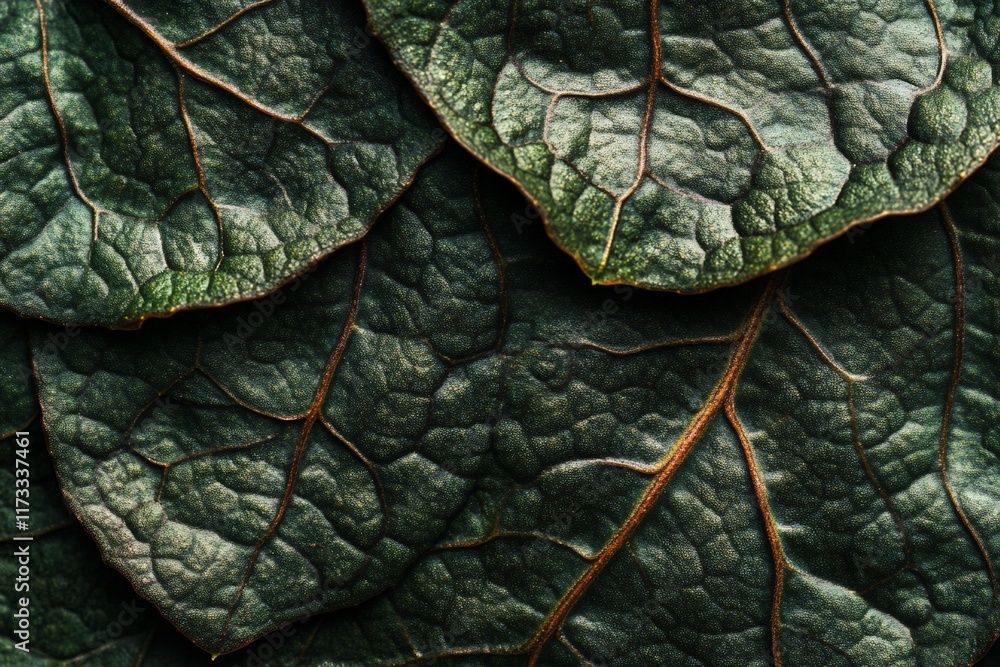 Poster close-up of overlapping dark green leaves with visible veins and texture.