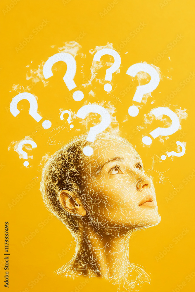 Poster abstract woman with question marks on a vibrant yellow background representing curiosity