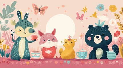 Naklejka premium Adorable woodland creatures enjoying tea party together