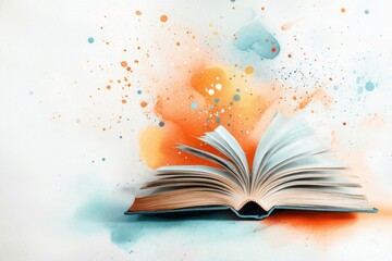 A dreamy watercolor of an open book with golden light streaming from its pages, blending with pastel tones around it