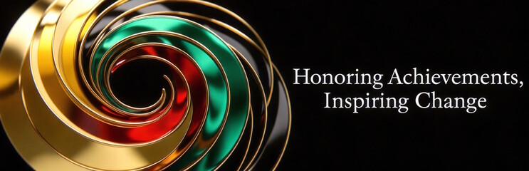 Gold and colorful spiral rings on black background with the text "Honoring Achievements, Inspiring Change", Black History Month theme