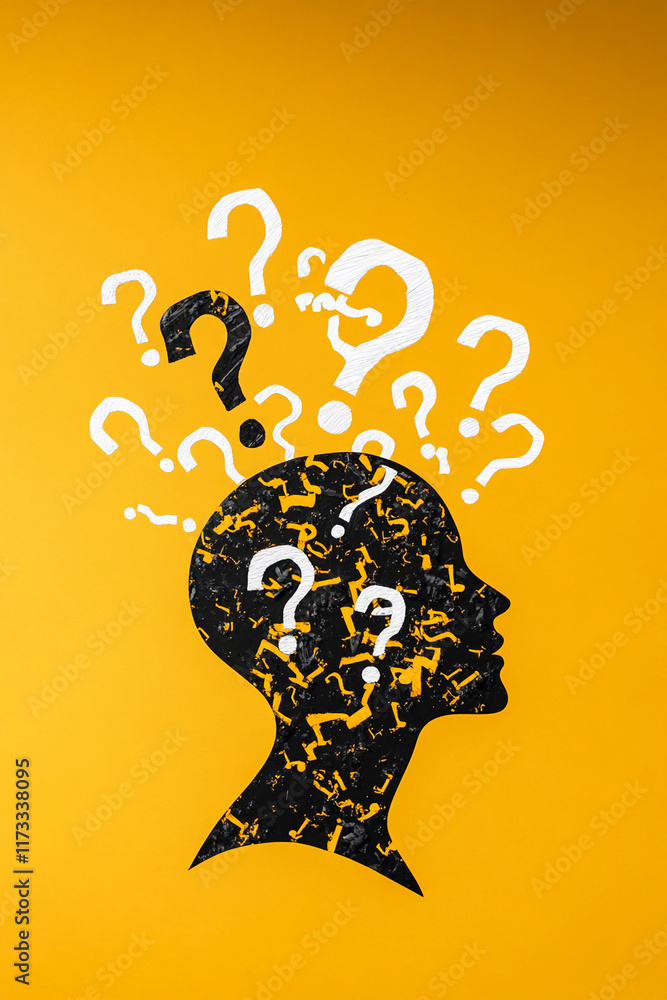 Poster abstract silhouette with question marks on vibrant yellow background symbolizing curiosity