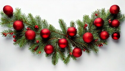  Christmas border frame design copmosition of noble fir tree branch and red golden decorations balls baubles berries pine cones isolated on white background