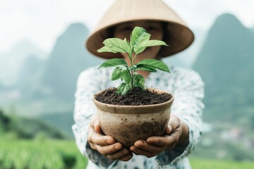 A farmer planting rice in a lush green paddy field, with water reflecting the mountains and blue sky above