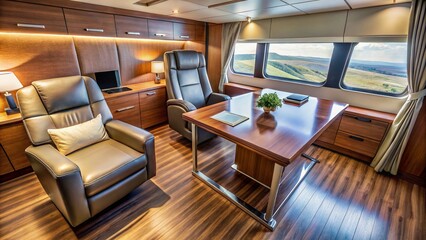 Fototapeta premium Luxurious Modern Cabin Office - Drone Aerial View of Executive Workspace