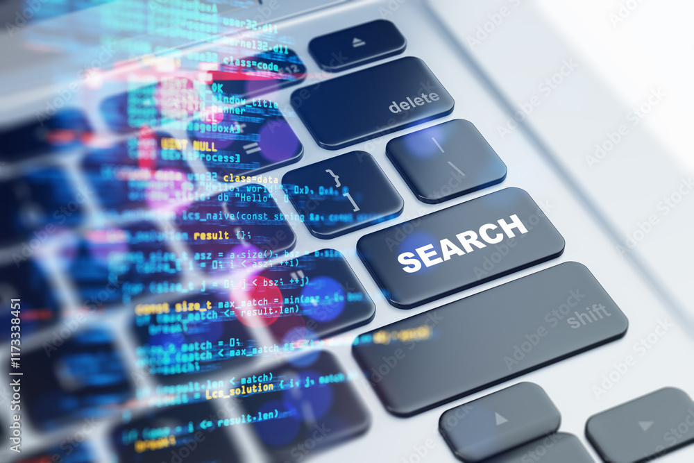 Poster Close-up of illuminated search key on keyboard with overlay of programming code on a bright background. Symbol of web technology innovation. 3D Rendering