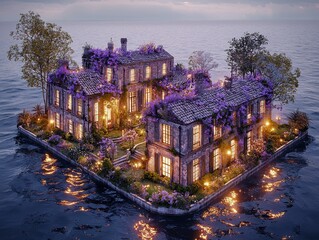 Fototapeta na wymiar A mystical archipelago of floating islands glowing softly under a twilight sky. Each island is adorned with radiant flora, cascading streams of light, and ancient ruins that shimmer with celestial 