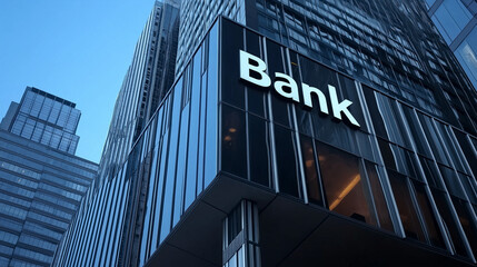Obraz premium A sophisticated urban bank with a curved glass design, showcasing modern corporate architecture and branding