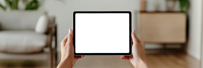 Female hands holding modern digital tablet with white empty mockup screen for montage on blurred background of cozy living room, showcasing new app or website