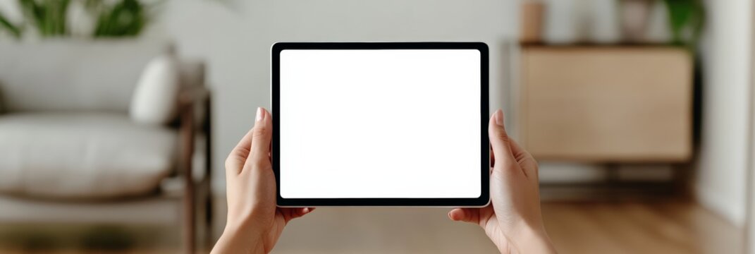 Female hands holding modern digital tablet with white empty mockup screen for montage on blurred background of cozy living room, showcasing new app or website