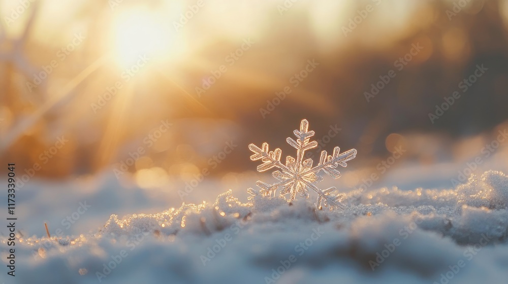 Aufkleber a beautiful snowflake resting on a layer of snow, sparkling against a softly blurred winter backgrou