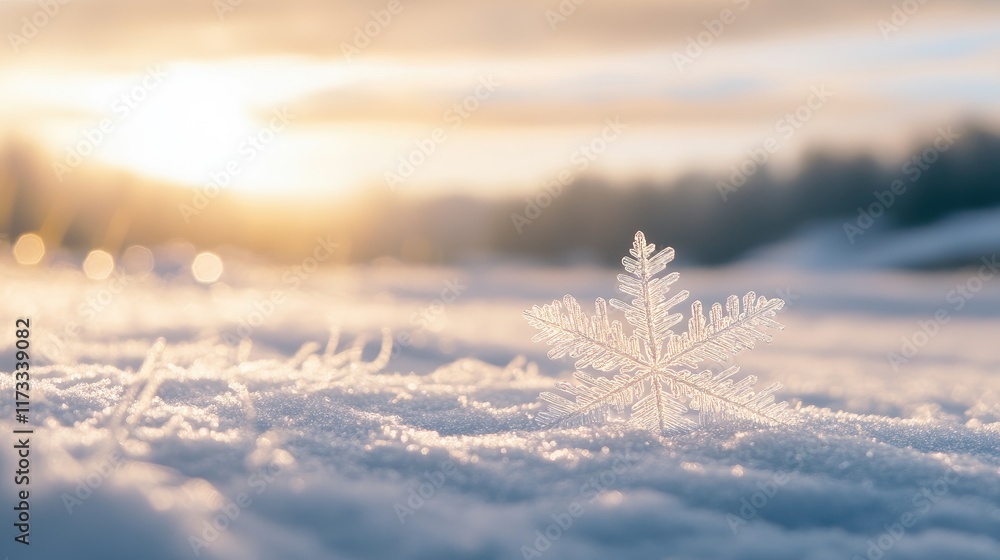 Aufkleber a beautiful snowflake resting on a layer of snow, sparkling against a softly blurred winter backgrou