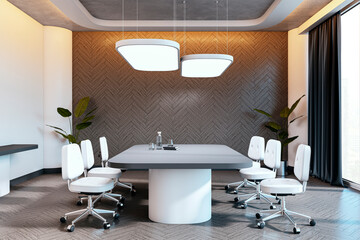 Modern conference room with a sleek table and white chairs, surrounded by natural light and plants. 3D Rendering