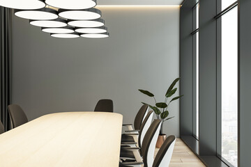 Modern boardroom interior with wooden table, chairs, and large windows offering panoramic city view. Contemporary design and lighting. 3D Rendering