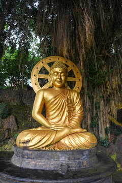Close-up of a golden Buddha statue, Vihara Ratanavana Arama Temple, Lasem Rembang, Central Java, Indonesia