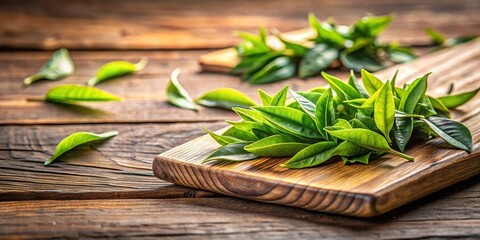 Obraz premium A close-up of fresh tea buds and leaves on a wooden cutting board, botanical, tea bud, botanical, tea bud,fresh tea