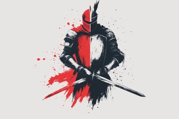 A flat graphic of a knight sword and shield crossed, in monochromatic tones