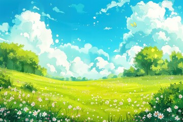 Fototapeta premium A vibrant green field with white flowers and fluffy clouds in a blue sky.
