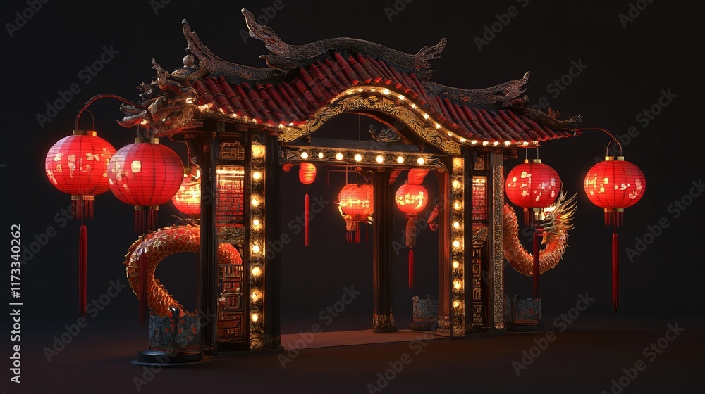 Poster a large red archway with many red lanterns hanging from it. the lanterns are lit up, creating a warm
